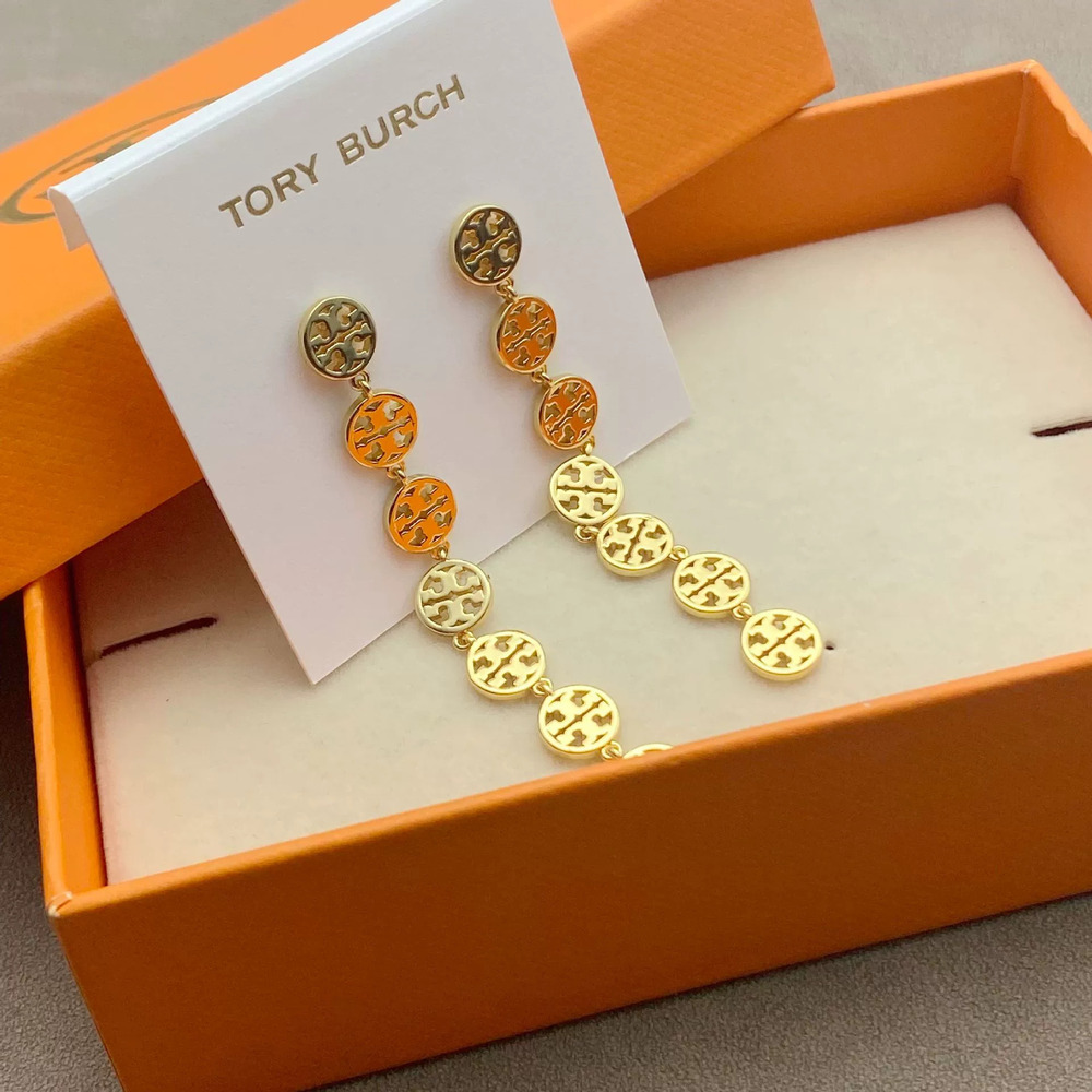 Tory Burch Hollow Letter Splicing Long Metal Earrings